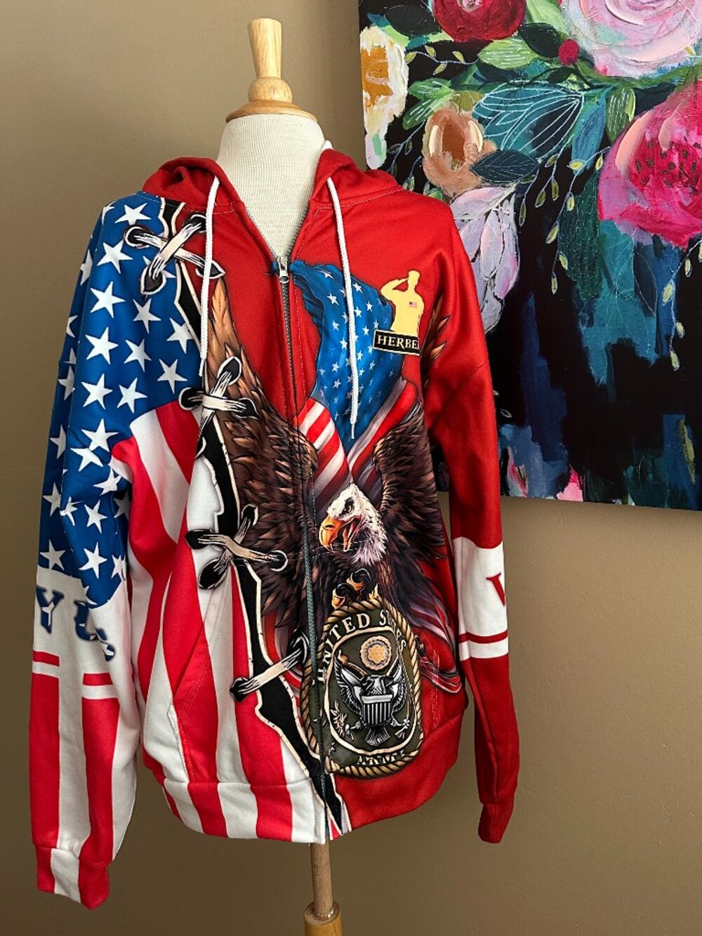 USA Army Eagle Patriotic Zip Hoodie L Herbert Graphic Sweatshirt